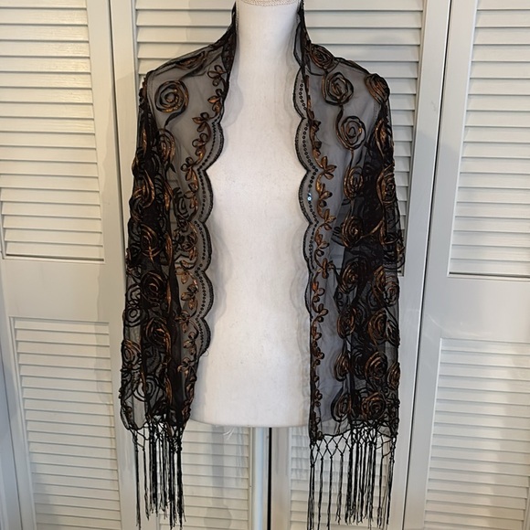Accessories - Black Sheer Shawl Wrap Bronze Appliqué Circular Pattern and Fringe Scarf 20x63”